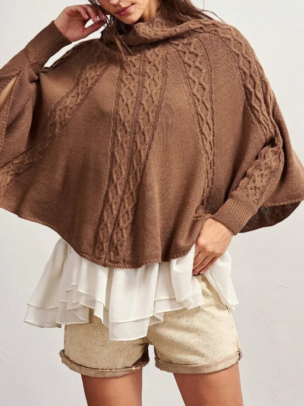 Brown Casual Women's Elegant Cape Sweater - Picture 3 of 8